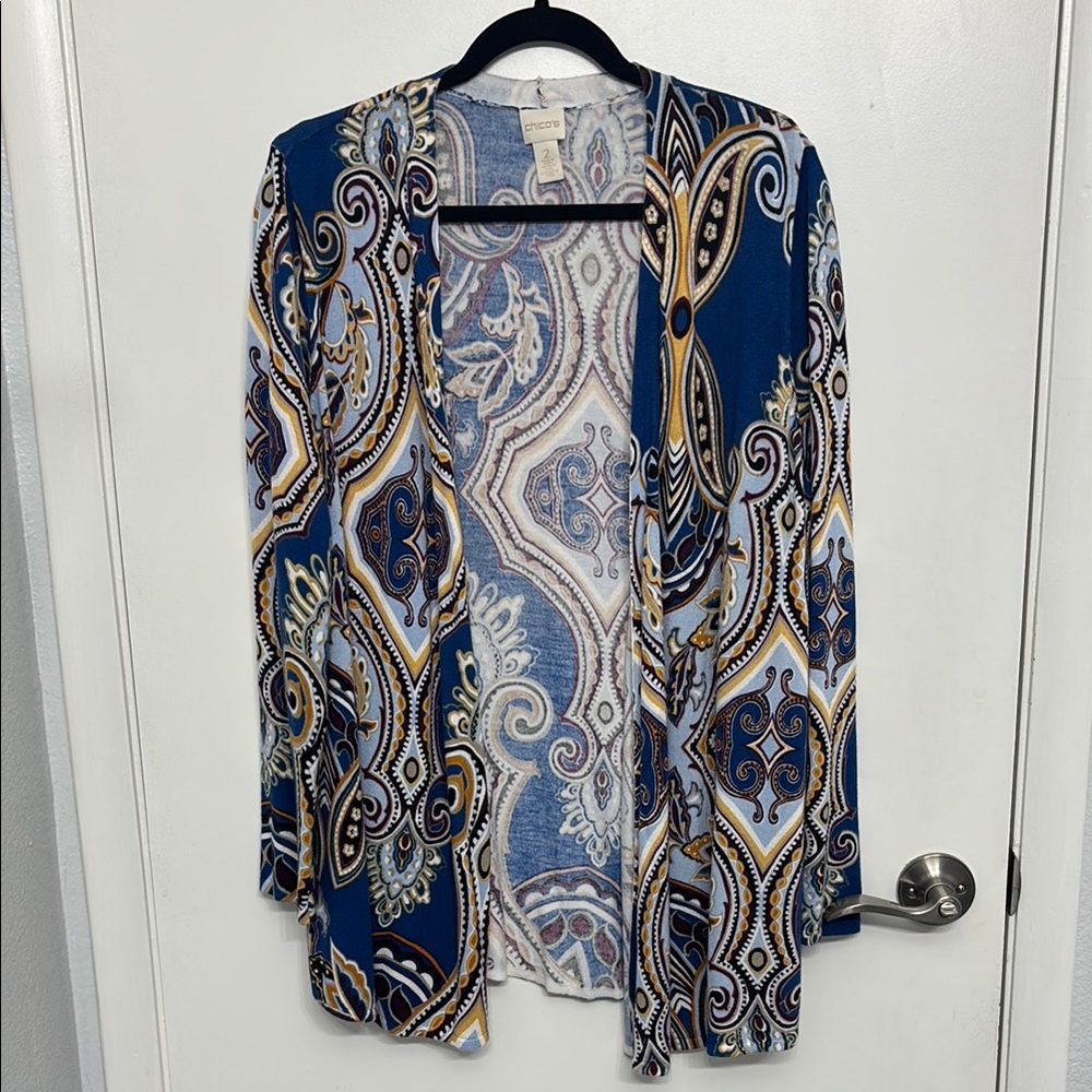 Chico's Blue and White Paisley Cardigan Sweater